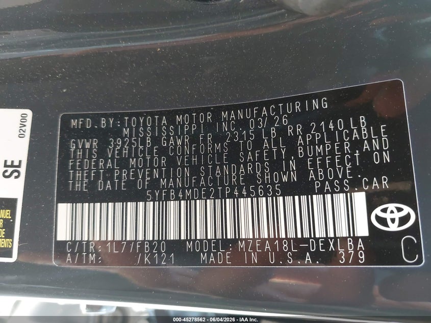 2026 Toyota Corolla VIN 5YFB4MDE2TP445635 IAAI salvage auction — REAR END, Salvage Title, sold $3,050 on 2026-07-30 (photo 9)