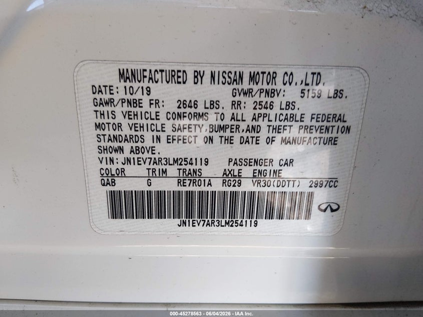 2020 Infiniti Q50 VIN JN1EV7AR3LM254119 IAAI salvage auction — FRONT END, Salvage Title, sold $8,700 on 2026-08-10 (photo 9)