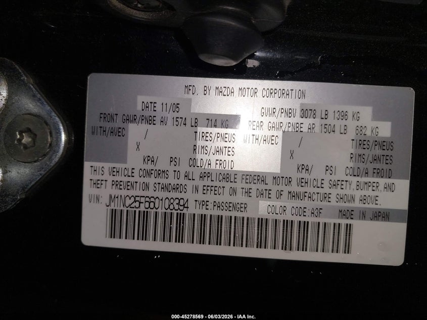 2006 Mazda Mx-5 VIN JM1NC25F660108394 IAAI salvage auction — FRONT END, Salvage (Maine), sold $25 on 2026-07-27 (photo 9)