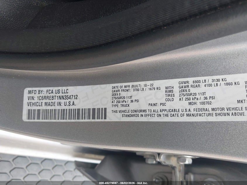 2022 Ram 1500 VIN 1C6RREBT1NN354712 IAAI salvage auction — REAR END, Salvage Title, sold $7,000 on 2026-09-02 (photo 9)