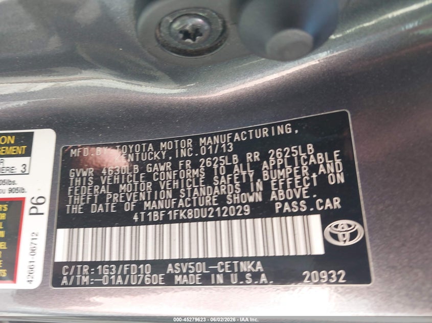 2013 Toyota Camry VIN 4T1BF1FK8DU212029 IAAI salvage auction — SIDE, Salvage Title, sold $1,900 on 2026-07-09 (photo 9)
