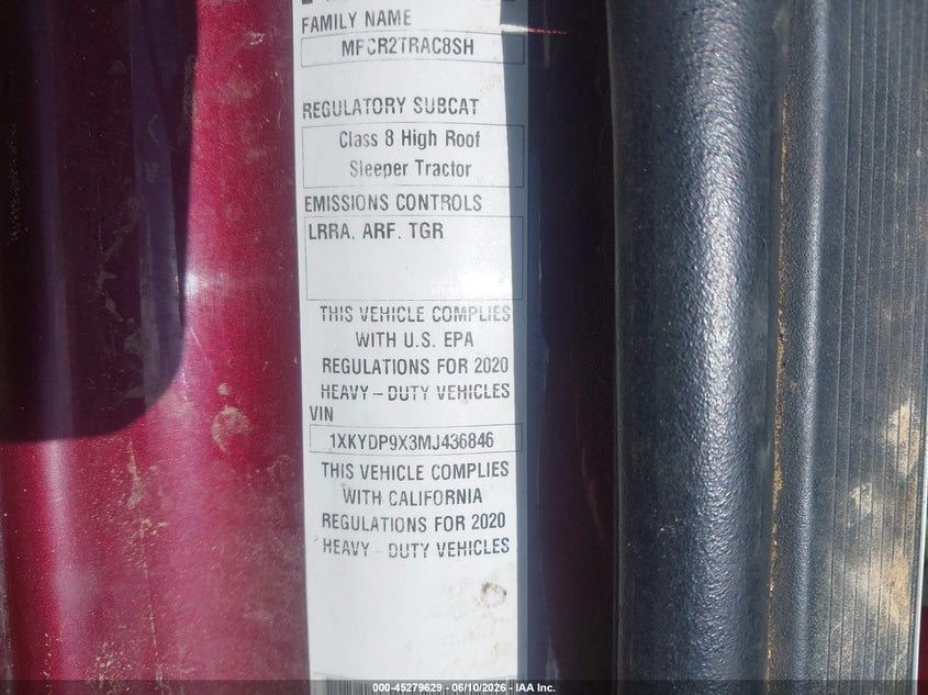 2021 Kenworth T680 VIN 1XKYDP9X3MJ436846 IAAI salvage auction — Unknown, Salvage (Louisiana), sold $9,975 on 2026-07-08 (photo 8)
