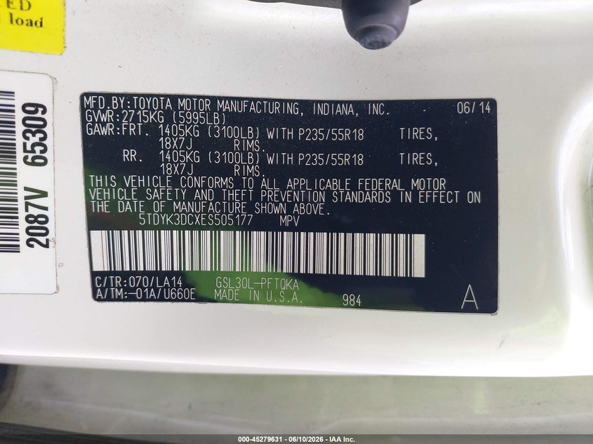 2014 Toyota Sienna VIN 5TDYK3DCXES505177 IAAI salvage auction — NORMAL WEAR, Clear (Texas), sold $3,050 on 2026-07-30 (photo 9)
