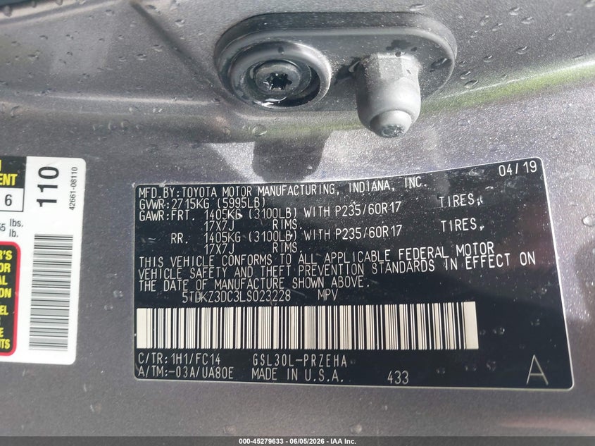 2020 Toyota Sienna VIN 5TDKZ3DC3LS023228 IAAI salvage auction — RIGHT FRONT, Salvage (Texas), sold $25 on 2026-07-29 (photo 9)