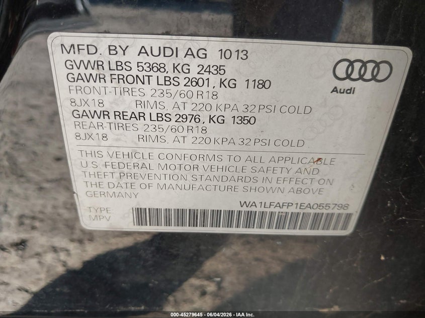 2014 Audi Q5 VIN WA1LFAFP1EA055798 IAAI salvage auction — NORMAL WEAR, Salvage Title, sold $2,500 on 2026-07-29 (photo 9)