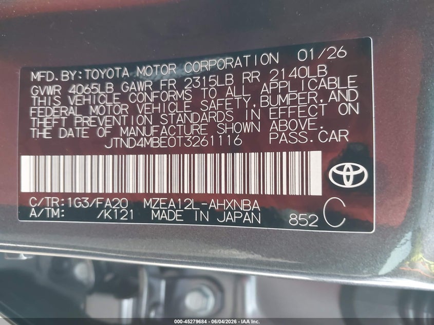2026 Toyota Corolla VIN JTND4MBE0T3261116 IAAI salvage auction — LEFT FRONT, Salvage Title, sold $5,900 on 2026-07-16 (photo 9)