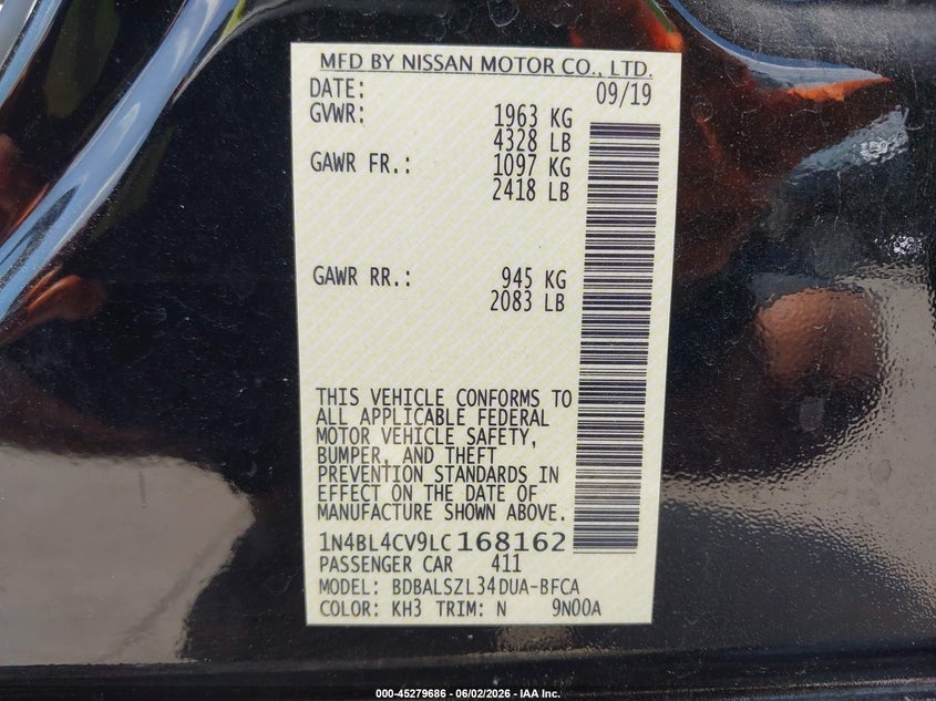 2020 Nissan Altima VIN 1N4BL4CV9LC168162 IAAI salvage auction — SIDE, Original (Texas), sold $4,150 on 2026-07-12 (photo 9)