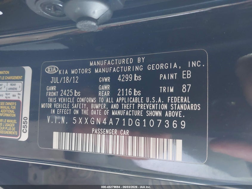 2013 Kia Optima VIN 5XXGN4A71DG107369 IAAI salvage auction — LEFT REAR, Salvage Title, sold $1,100 on 2026-07-24 (photo 9)