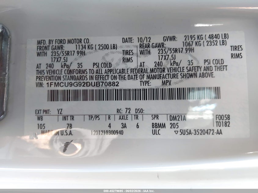 2013 Ford Escape VIN 1FMCU9G92DUB70882 IAAI salvage auction — FRONT END, Salvage Title, sold $525 on 2026-07-09 (photo 9)