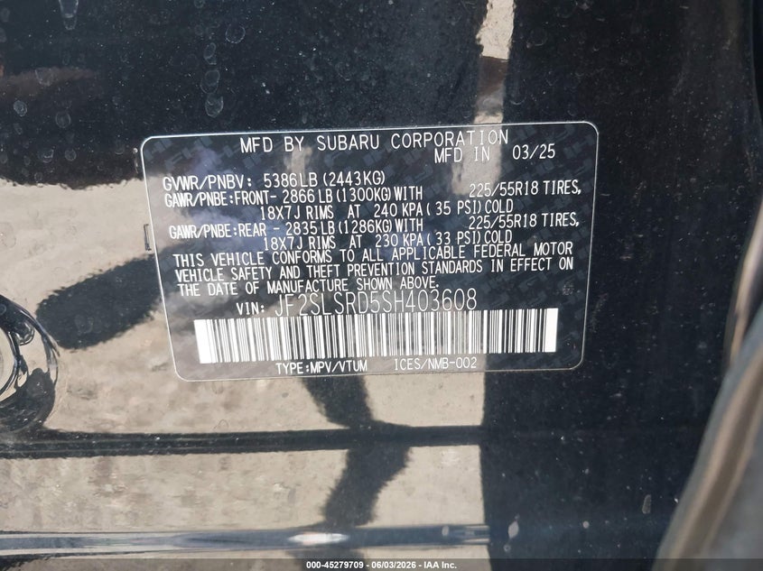 2025 Subaru Forester VIN JF2SLSRD5SH403608 IAAI salvage auction — FRONT END, Salvage Title, sold $11,600 on 2026-07-17 (photo 9)