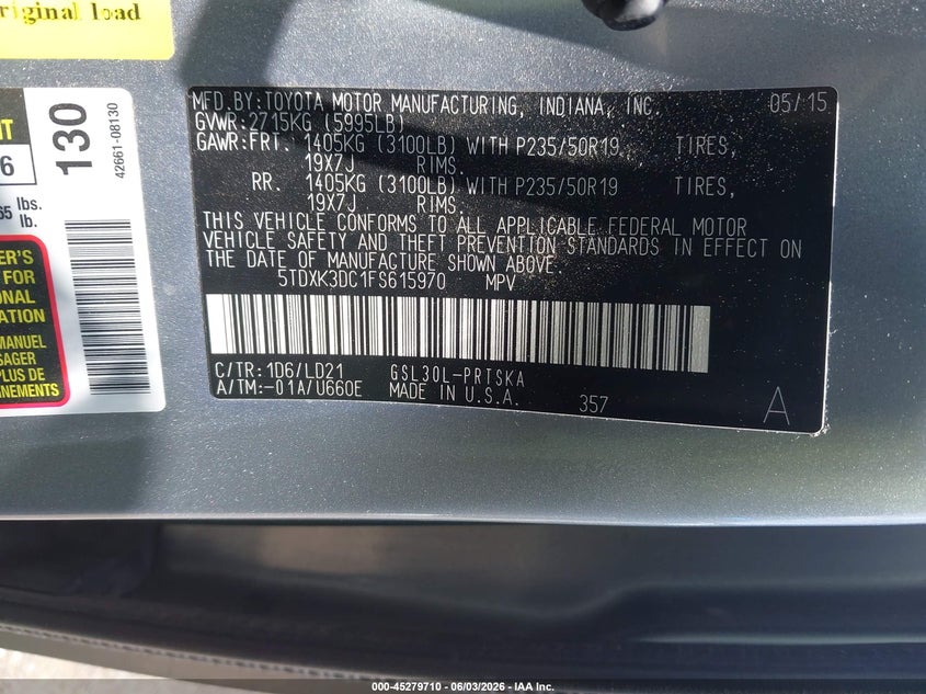 2015 Toyota Sienna VIN 5TDXK3DC1FS615970 IAAI salvage auction — FRONT END, Salvage Title, sold $1,725 on 2026-07-21 (photo 9)