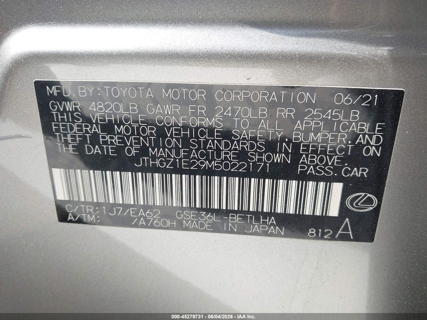2021 Lexus Is VIN JTHGZ1E29M5022171 IAAI salvage auction — RIGHT SIDE, Salvage Title, sold $5,300 on 2026-07-21 (photo 9)