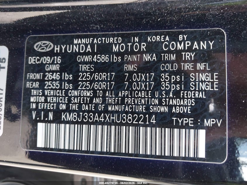 2017 Hyundai Tucson VIN KM8J33A4XHU382214 IAAI salvage auction — FRONT END, Salvage Title, sold $2,600 on 2026-07-20 (photo 9)