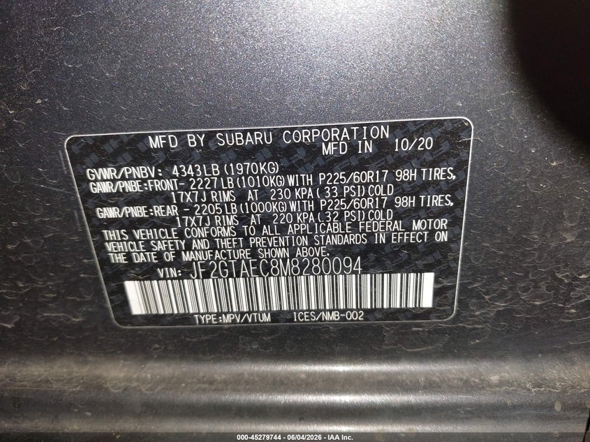 2021 Subaru Xv VIN JF2GTAEC8M8280094 IAAI salvage auction — FRONT END, Salvage (Oregon), sold $4,650 on 2026-07-31 (photo 9)