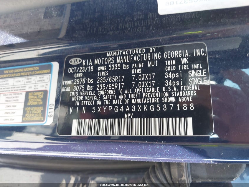 2019 Kia Sorento VIN 5XYPG4A3XKG537188 IAAI salvage auction — RIGHT SIDE, Salvage Title, sold $2,050 on 2026-07-20 (photo 9)