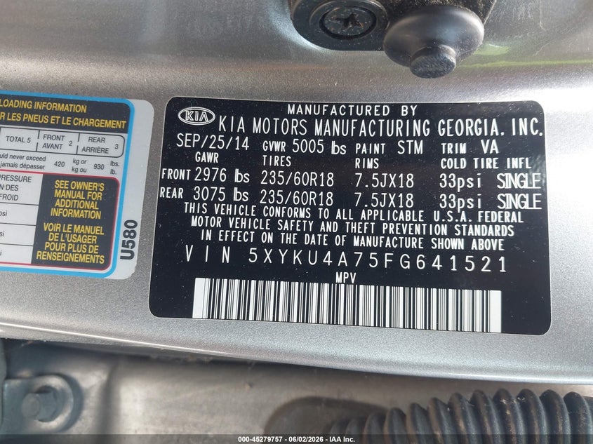 2015 Kia Sorento VIN 5XYKU4A75FG641521 IAAI salvage auction — NORMAL WEAR, Clear (North Carolina), sold $1,600 on 2026-07-15 (photo 9)