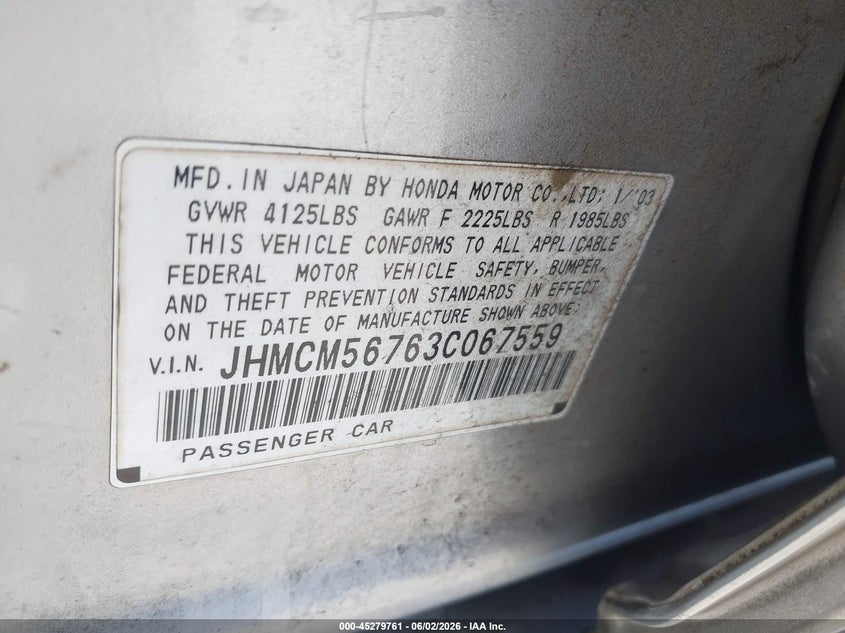 2003 Honda Accord VIN JHMCM56763C067559 IAAI salvage auction — THEFT, Salvage (Oregon), sold $500 on 2026-07-15 (photo 9)