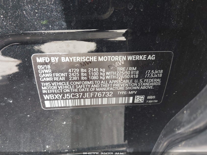 2018 BMW X2 VIN WBXYJ5C37JEF76732 IAAI salvage auction — BIO HAZARD, Salvage Title, sold $1,650 on 2026-07-28 (photo 9)