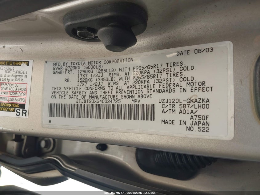 2004 Lexus Gx 470 VIN JTJBT20X340024725 IAAI salvage auction — FRONT END, Bill Of Sale (Connecticut), sold $1,350 on 2026-07-30 (photo 9)