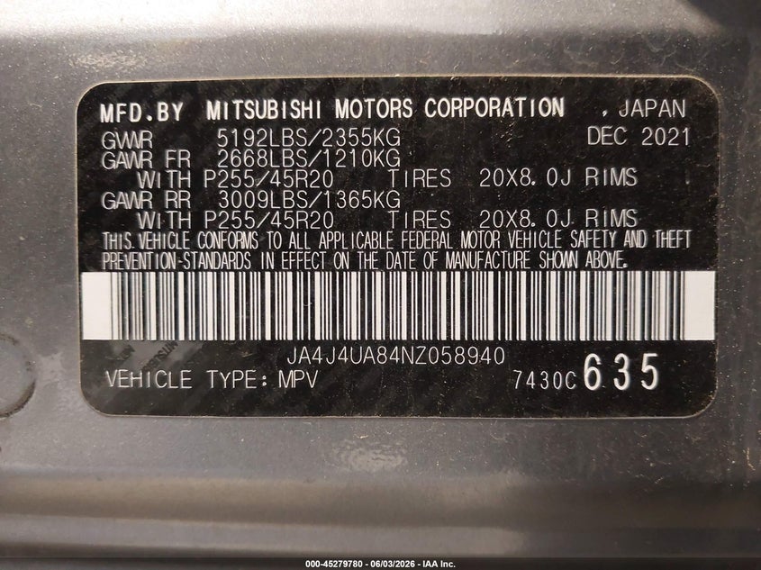 2022 Mitsubishi Outlander VIN JA4J4UA84NZ058940 IAAI salvage auction — UNKNOWN, Salvage Title, sold $4,050 on 2026-07-29 (photo 9)