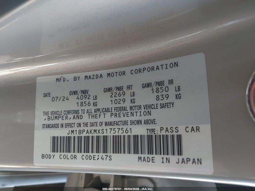 2025 Mazda 3 VIN JM1BPAKMXS1757561 IAAI salvage auction — LEFT FRONT, Salvage Title, sold $3,700 on 2026-07-07 (photo 9)
