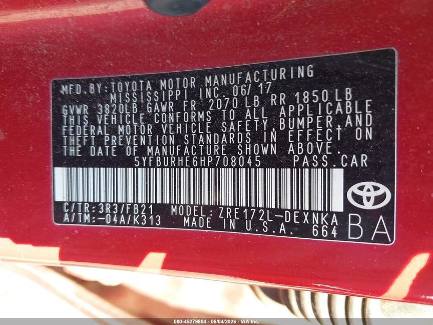 2017 Toyota Corolla VIN 5YFBURHE6HP708045 IAAI salvage auction — REAR END, Salvage Title, sold $1,450 on 2026-07-23 (photo 9)