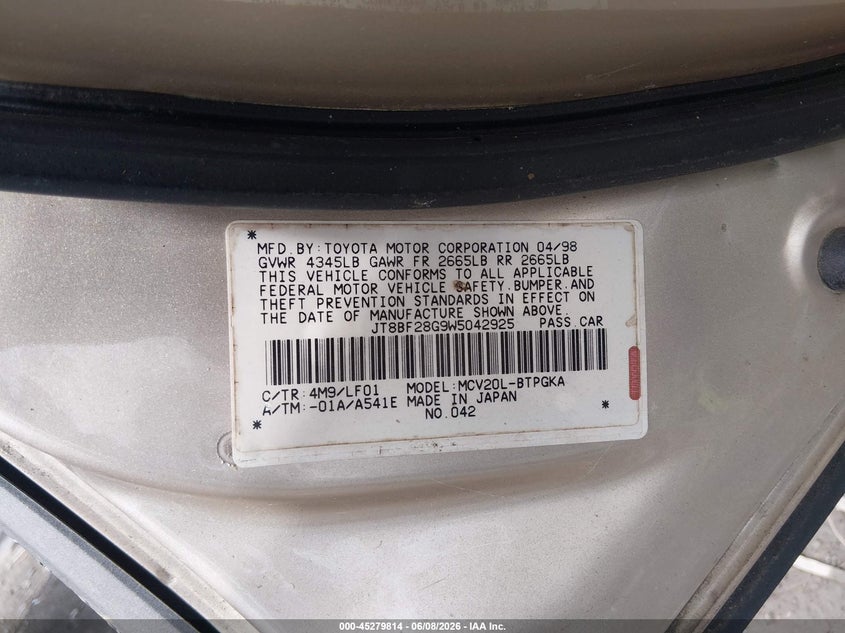 1998 Lexus Es 300 VIN JT8BF28G9W5042925 IAAI salvage auction — LEFT SIDE, Salvage (Louisiana), sold $225 on 2026-07-21 (photo 9)