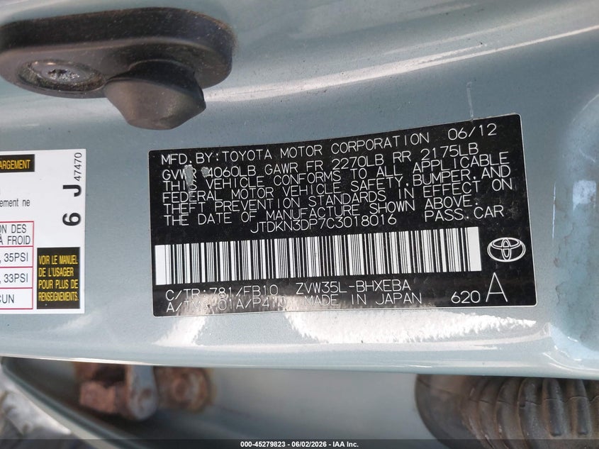 2012 Toyota Prius VIN JTDKN3DP7C3018016 IAAI salvage auction — NORMAL WEAR, Clear (Washington), sold $2,750 on 2026-07-22 (photo 9)