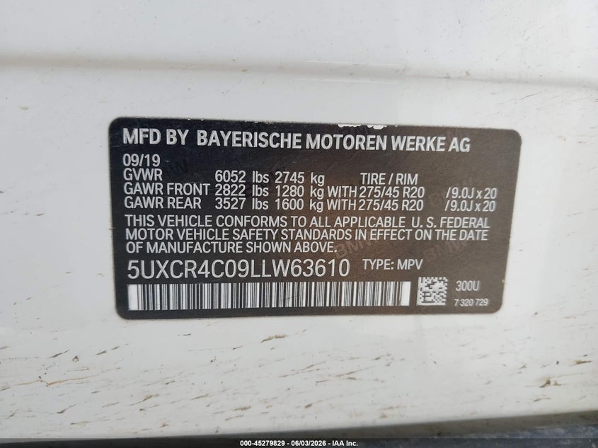 2020 BMW X5 VIN 5UXCR4C09LLW63610 IAAI salvage auction — FRONT END, Salvage (Texas), sold $14,250 on 2026-07-28 (photo 9)