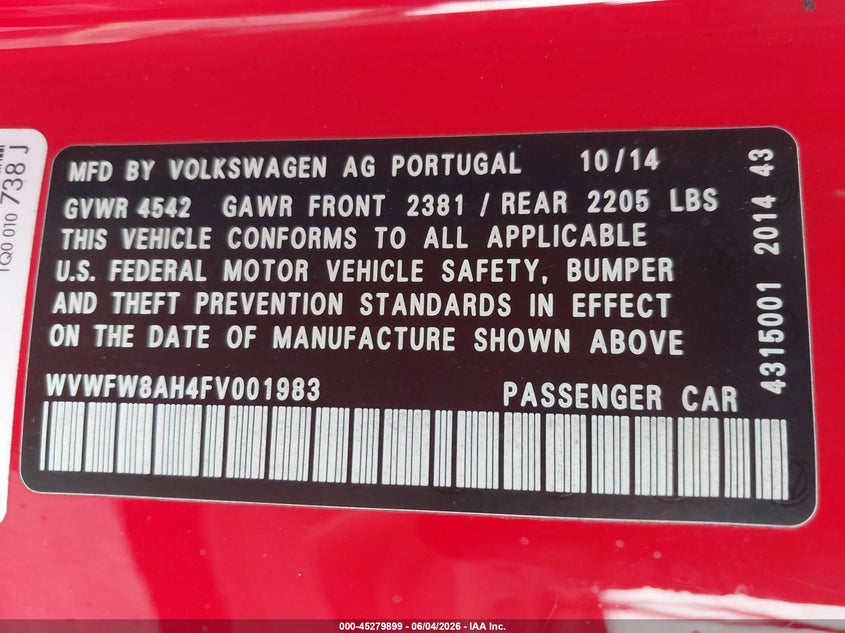2015 Volkswagen Eos VIN WVWFW8AH4FV001983 IAAI salvage auction — BIOHAZARD/CHEMICAL, Salvage Title, sold $1,850 on 2026-07-30 (photo 9)