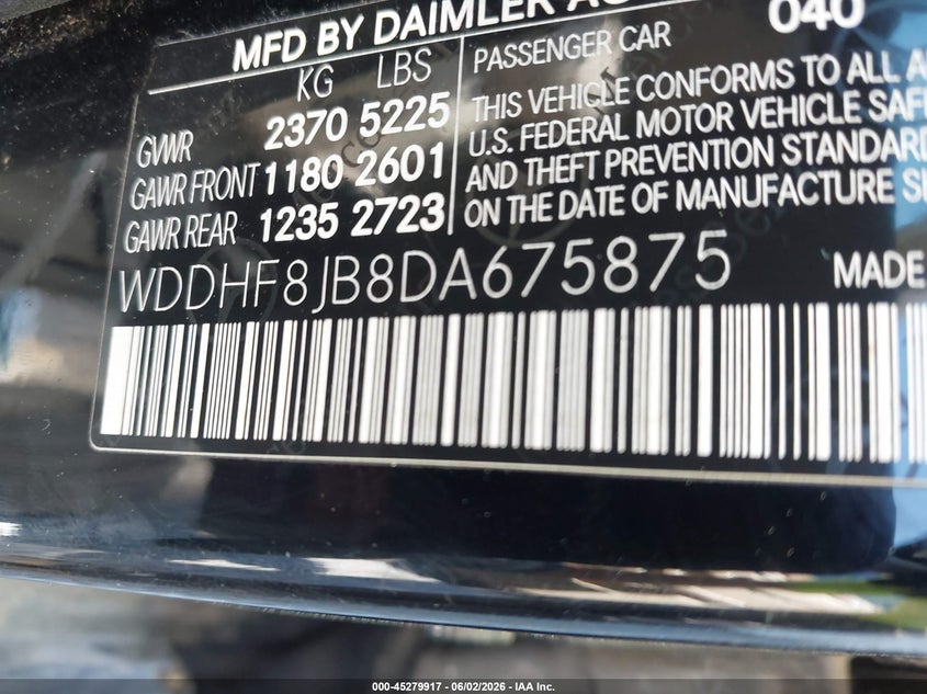 2013 Mercedes-benz E-klasse VIN WDDHF8JB8DA675875 IAAI salvage auction — NORMAL WEAR, Clear (New York), sold $850 on 2026-07-07 (photo 9)