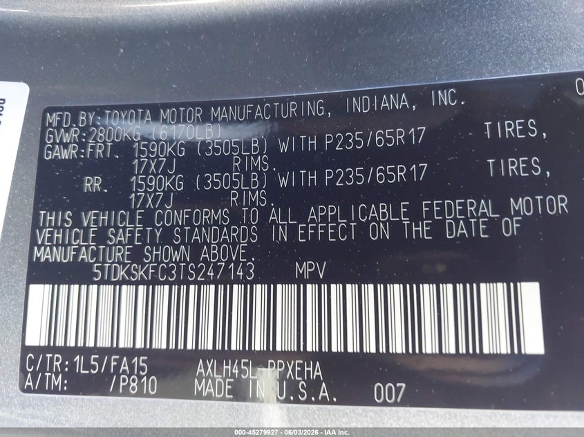 2026 Toyota Sienna VIN 5TDKSKFC3TS247143 IAAI salvage auction — FRONT END, Salvage Title, sold $13,500 on 2026-07-31 (photo 9)