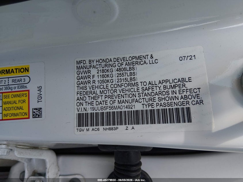 2021 Acura Tlx VIN 19UUB5F56MA014921 IAAI salvage auction — HAIL, Salvage Title, sold $9,100 on 2026-07-21 (photo 9)
