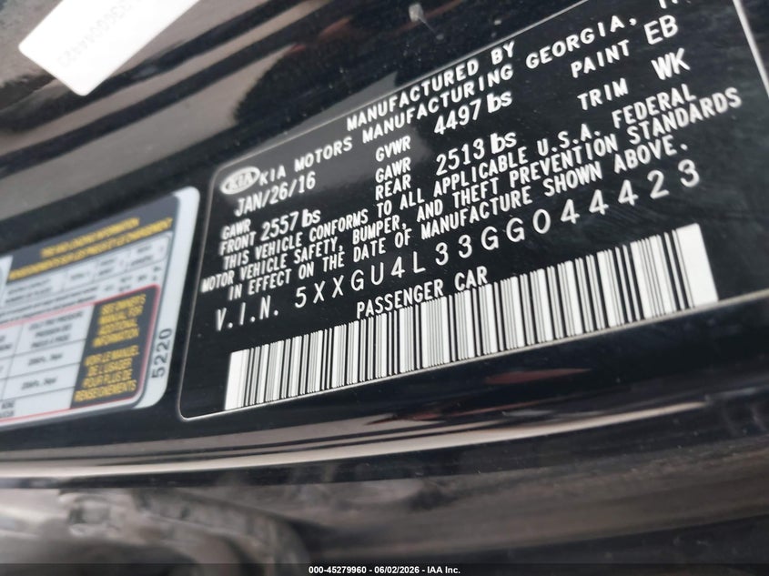 2016 Kia Optima VIN 5XXGU4L33GG044423 IAAI salvage auction — NORMAL WEAR, Salvage Title, sold $1,775 on 2026-07-13 (photo 9)