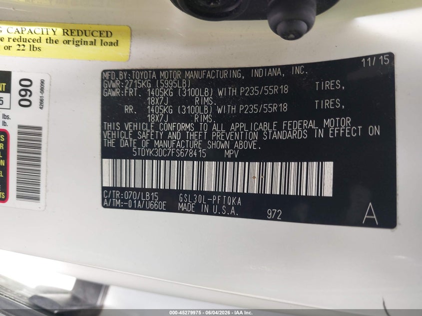 2015 Toyota Sienna VIN 5TDYK3DC7FS678415 IAAI salvage auction — WATER/FLOOD, Salvage Title, sold $3,600 on 2026-07-24 (photo 9)