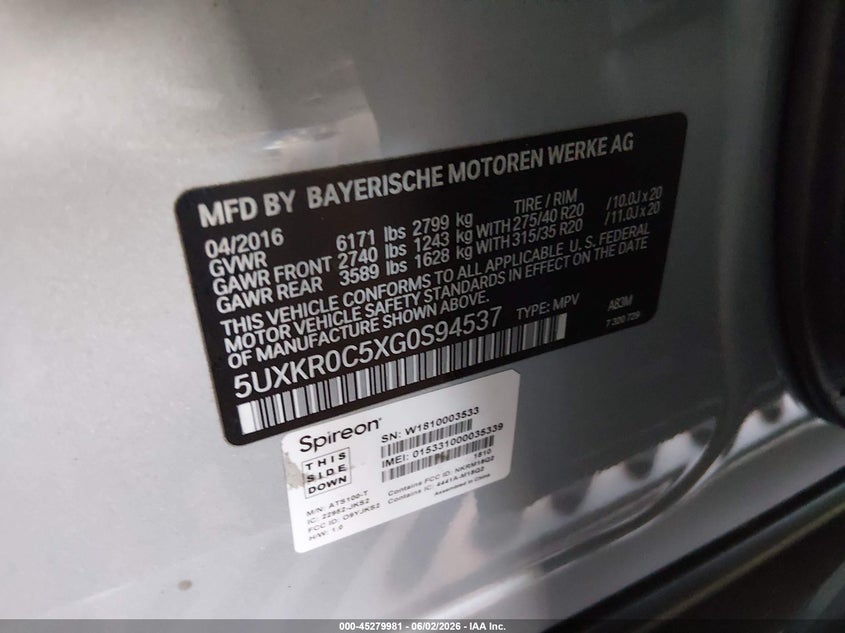 2016 BMW X5 VIN 5UXKR0C5XG0S94537 IAAI salvage auction — FRONT END, Salvage Title, sold $6,975 on 2026-07-14 (photo 9)