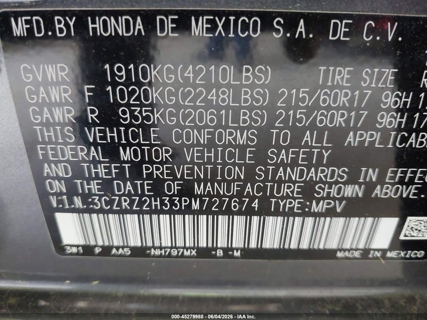 2023 Honda Hr-v VIN 3CZRZ2H33PM727674 IAAI salvage auction — RIGHT FRONT, Wait Title, sold $8,250 on 2026-08-28 (photo 9)