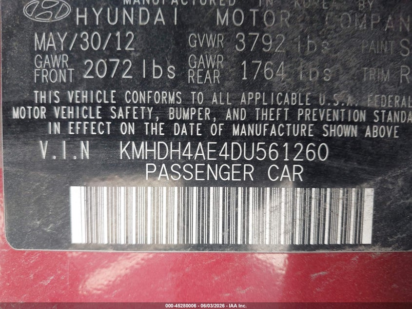 2013 Hyundai Elantra VIN KMHDH4AE4DU561260 IAAI salvage auction — REAR END, Salvage Title, sold $450 on 2026-07-09 (photo 9)