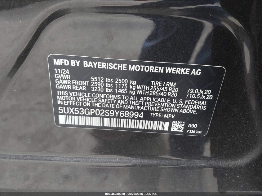 2025 BMW X3 VIN 5UX53GP02S9Y68994 IAAI salvage auction — RIGHT SIDE, Salvage Certificate (California), sold $28,750 on 2026-07-08 (photo 9)