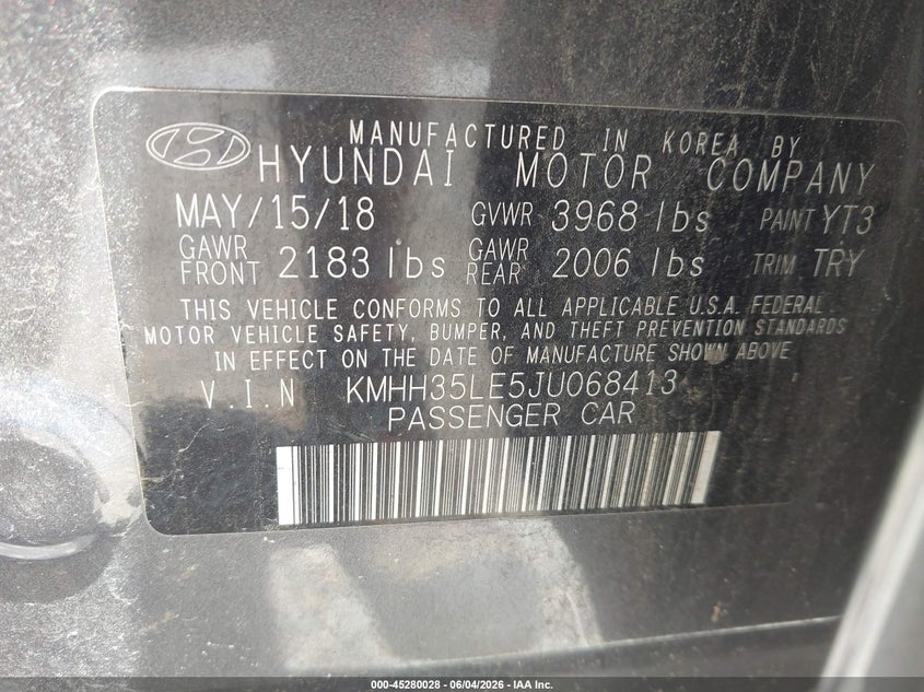 2018 Hyundai Elantra VIN KMHH35LE5JU068413 IAAI salvage auction — FRONT END, Salvage Title, sold $1,650 on 2026-07-31 (photo 9)