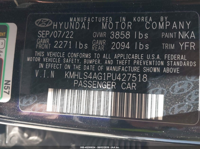 2023 Hyundai Elantra VIN KMHLS4AG1PU427518 IAAI salvage auction — RIGHT FRONT, Salvage Title, sold $4,750 on 2026-07-11 (photo 9)