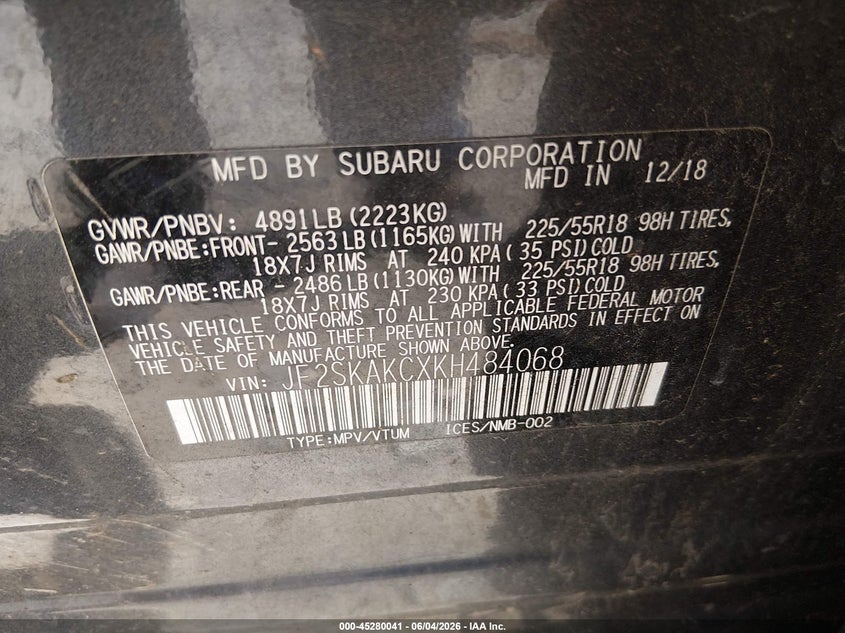 2019 Subaru Forester VIN JF2SKAKCXKH484068 IAAI salvage auction — FRONT END, Salvage Title, sold $25 on 2026-07-09 (photo 9)
