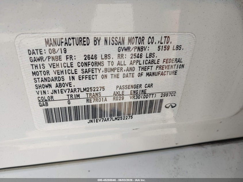 2020 Infiniti Q50 VIN JN1EV7AR7LM252275 IAAI salvage auction — REAR END, Salvage Title, sold $5,225 on 2026-07-14 (photo 9)