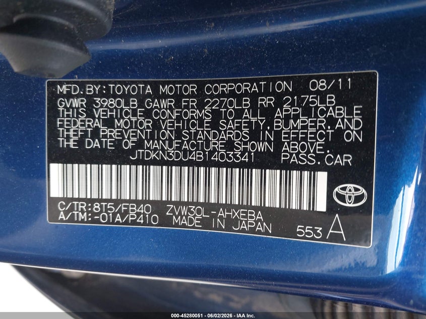 2011 Toyota Prius VIN JTDKN3DU4B1403341 IAAI salvage auction — SIDE, Original (Texas), sold $975 on 2026-07-14 (photo 9)