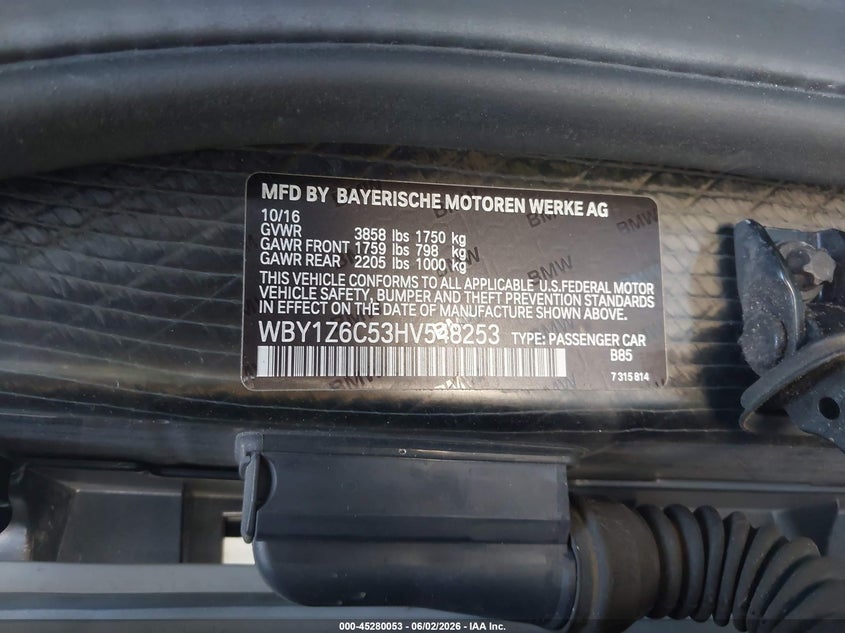 2017 BMW I3 VIN WBY1Z6C53HV548253 IAAI salvage auction — FRONT END, Salvage Title, sold $1,850 on 2026-07-29 (photo 9)