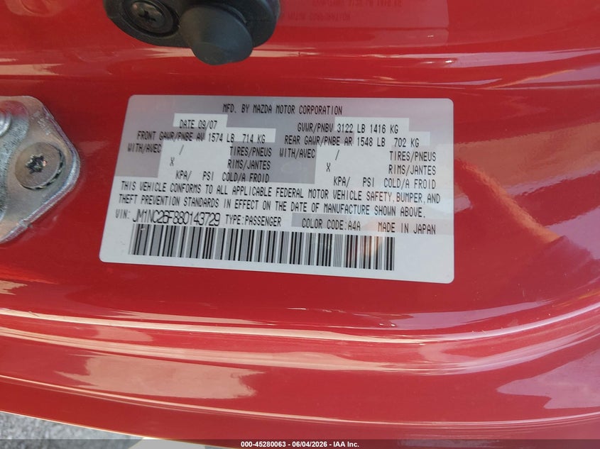 2008 Mazda Mx-5 VIN JM1NC26F880143729 IAAI salvage auction — LEFT SIDE, Salvage (Missouri), sold $875 on 2026-07-23 (photo 9)
