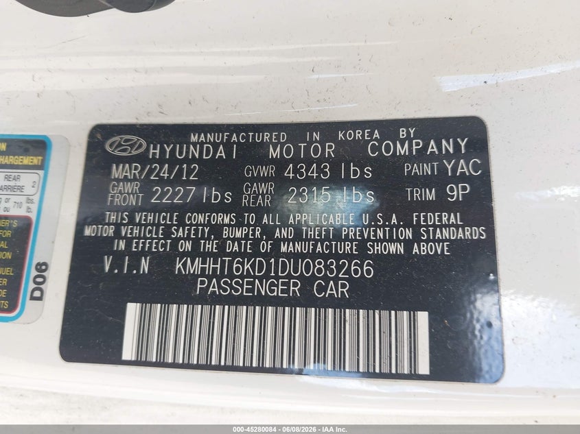 2013 Hyundai Genesis VIN KMHHT6KD1DU083266 IAAI salvage auction — FRONT END, Salvage Title, sold $425 on 2026-07-16 (photo 9)