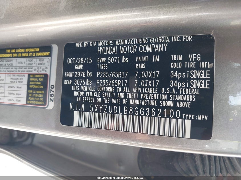 2016 Hyundai Santa fe VIN 5XYZUDLB8GG362100 IAAI salvage auction — HAIL, Salvage Title, sold $1,900 on 2026-07-14 (photo 9)