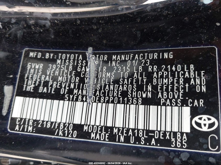 2023 Toyota Corolla VIN 5YFB4MDE8PP011368 IAAI salvage auction — FRONT & REAR, Mv-907A (New York), sold $1,975 on 2026-08-01 (photo 9)