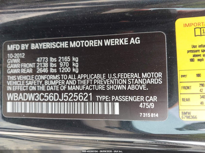 2013 BMW 3er VIN WBADW3C56DJ525621 IAAI salvage auction — FRONT END, Salvage Title, sold $300 on 2026-07-09 (photo 9)
